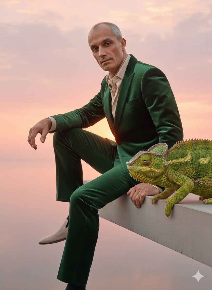 Мужчина в зелёном бархатном костюме сидит рядом с крупным хамелеоном