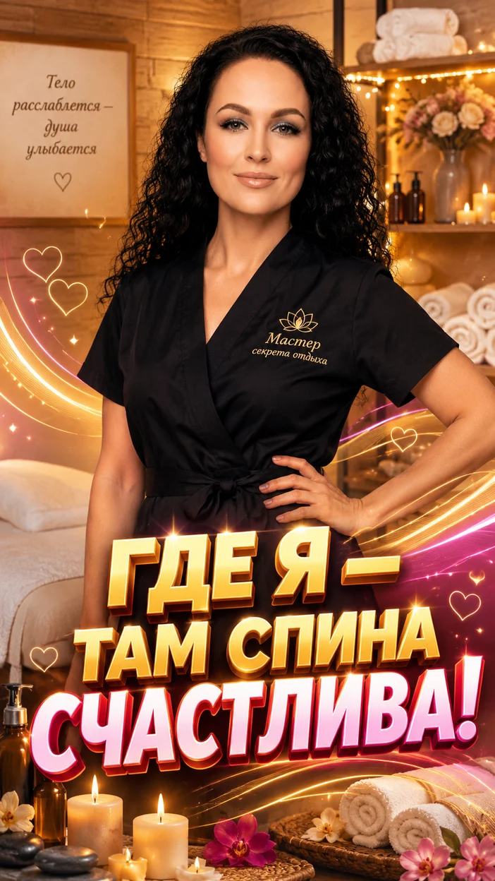 Фотооткрытка массажистке с пожеланием "ГДЕ Я — ТАМ СПИНА СЧАСТЛИВА!"