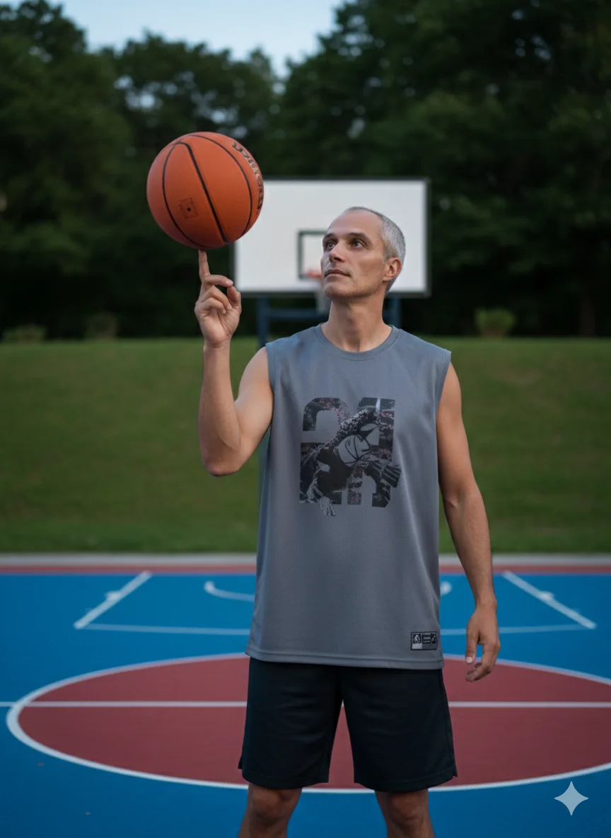 Мужчина в серой майке стоит на баскетбольной площадке и балансирует мяч на пальце