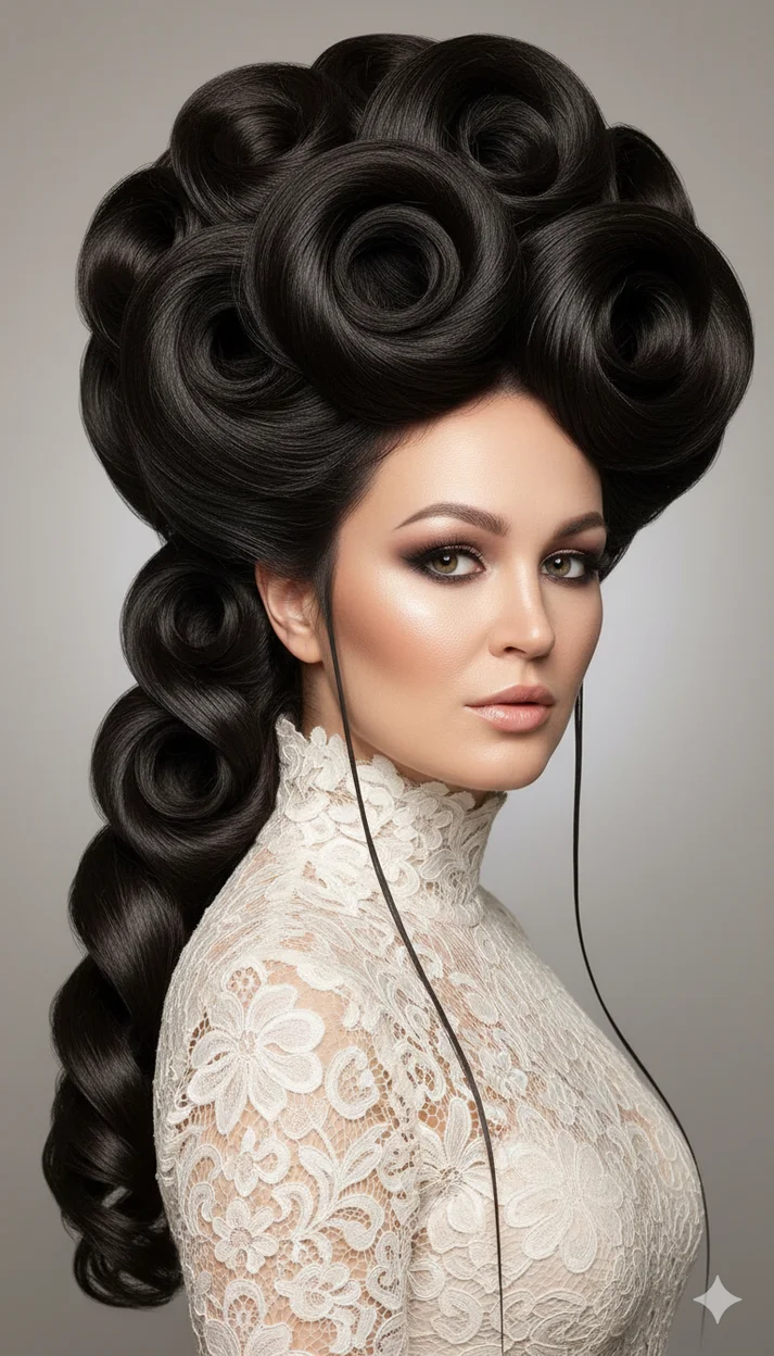 Экстремальный высокий объём с крупными спиральными локонами