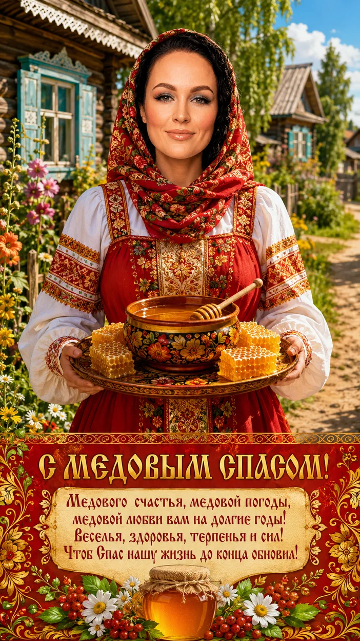 Фотосессия женщины в красном сарафане у деревенской улицы с подносом мёда