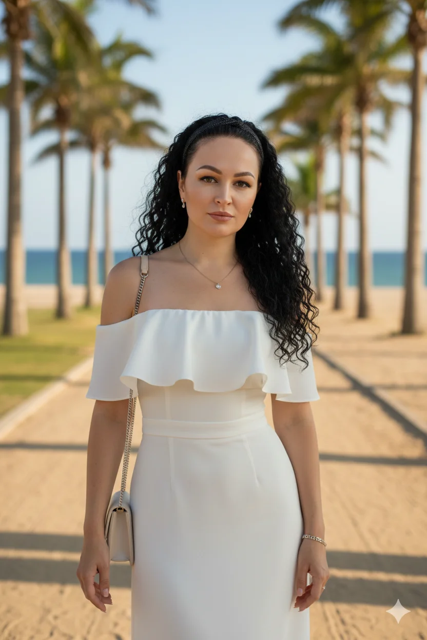 Стройная девушка у моря в белом платье с открытыми плечами стоит между пальмами