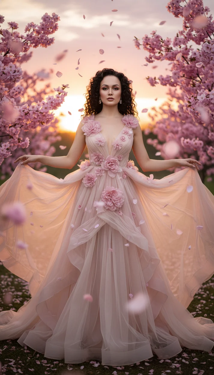Девушка на закате в саду в многослойном розовом платье