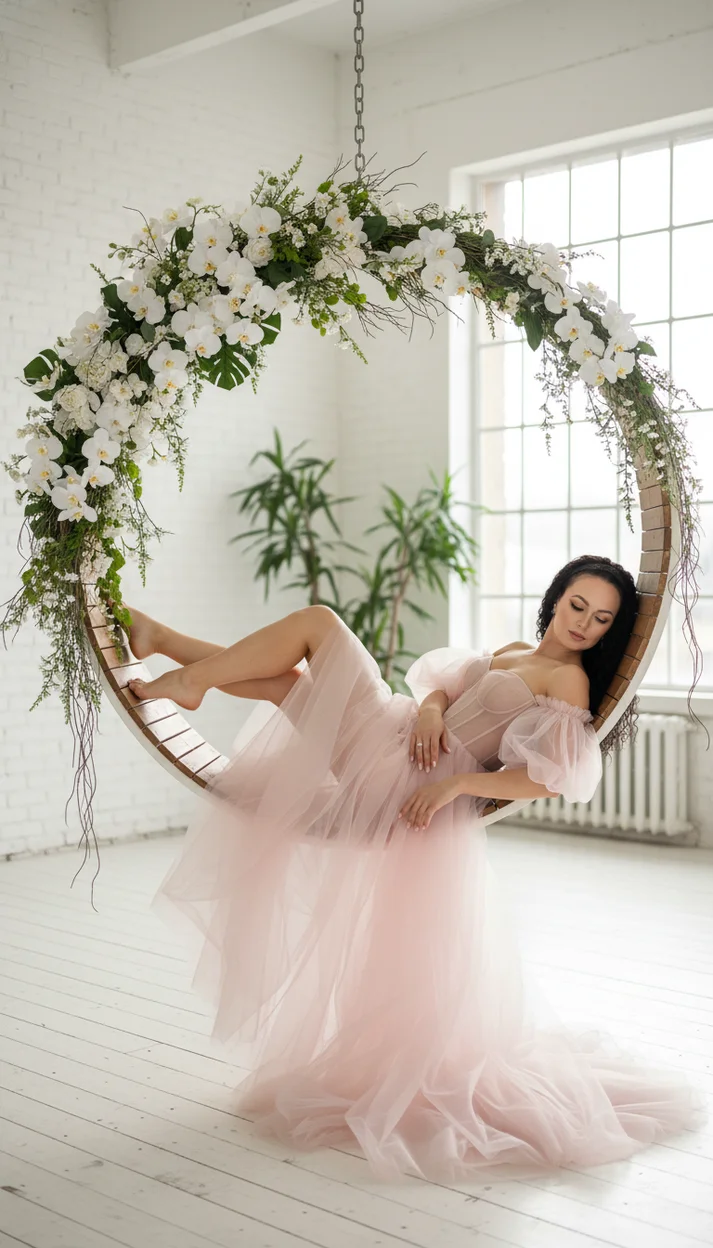  Женщина в воздушном розовом платье лежит на подвесном круге с белыми цветами