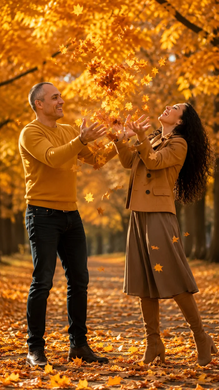 Фотосессия пары с летящими листьями