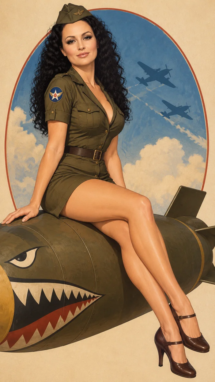 Фотосессия девушка на бомбе в ретро‑рубашке‑платье и пилотке с shark‑mouth рисунком