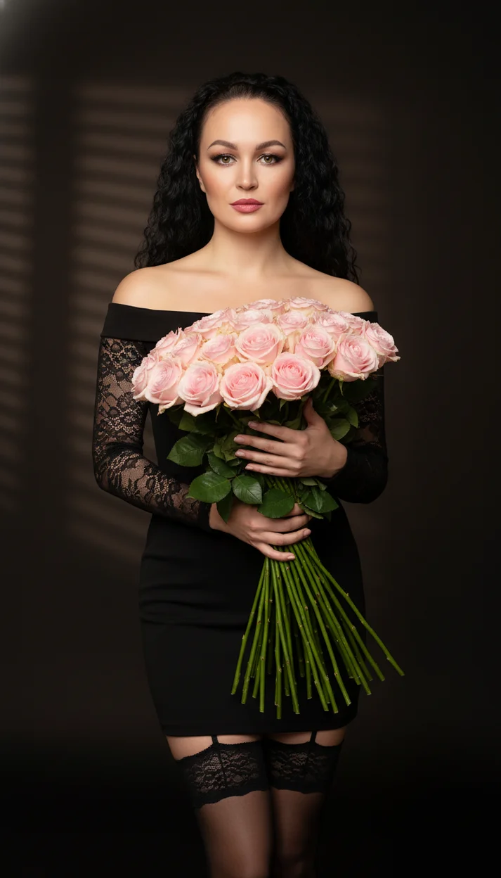 Женщина на тёмном фоне в чёрном платье с кружевными рукавами