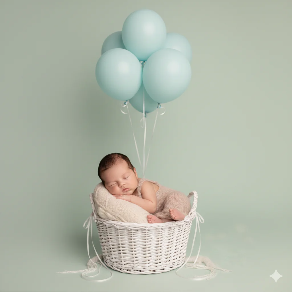 Малыш спит, поза — лёжа на боку внутри белой плетёной корзины  с шарами 