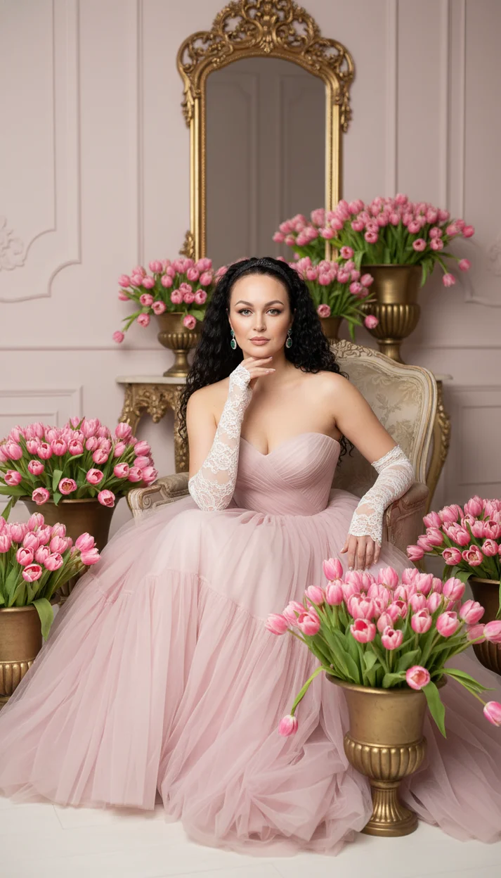  Женщина в пышном розовом тюлевом платье сидит в классическом кресле среди множества розовых тюльпанов