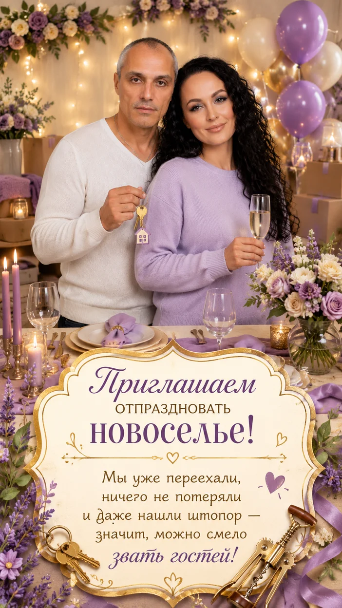 Фотооткрытка для пары с приглашением «Приглашаем отпраздновать новоселье!»