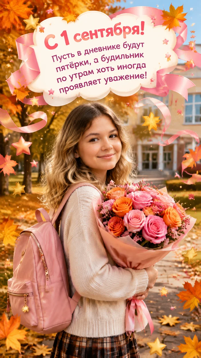 Фотооткрытка в осеннем парке с рюкзаком и текстом «С 1 сентября! Пусть в дневнике будут пятёрки, а будильник по утрам хоть иногда проявляет уважение!»