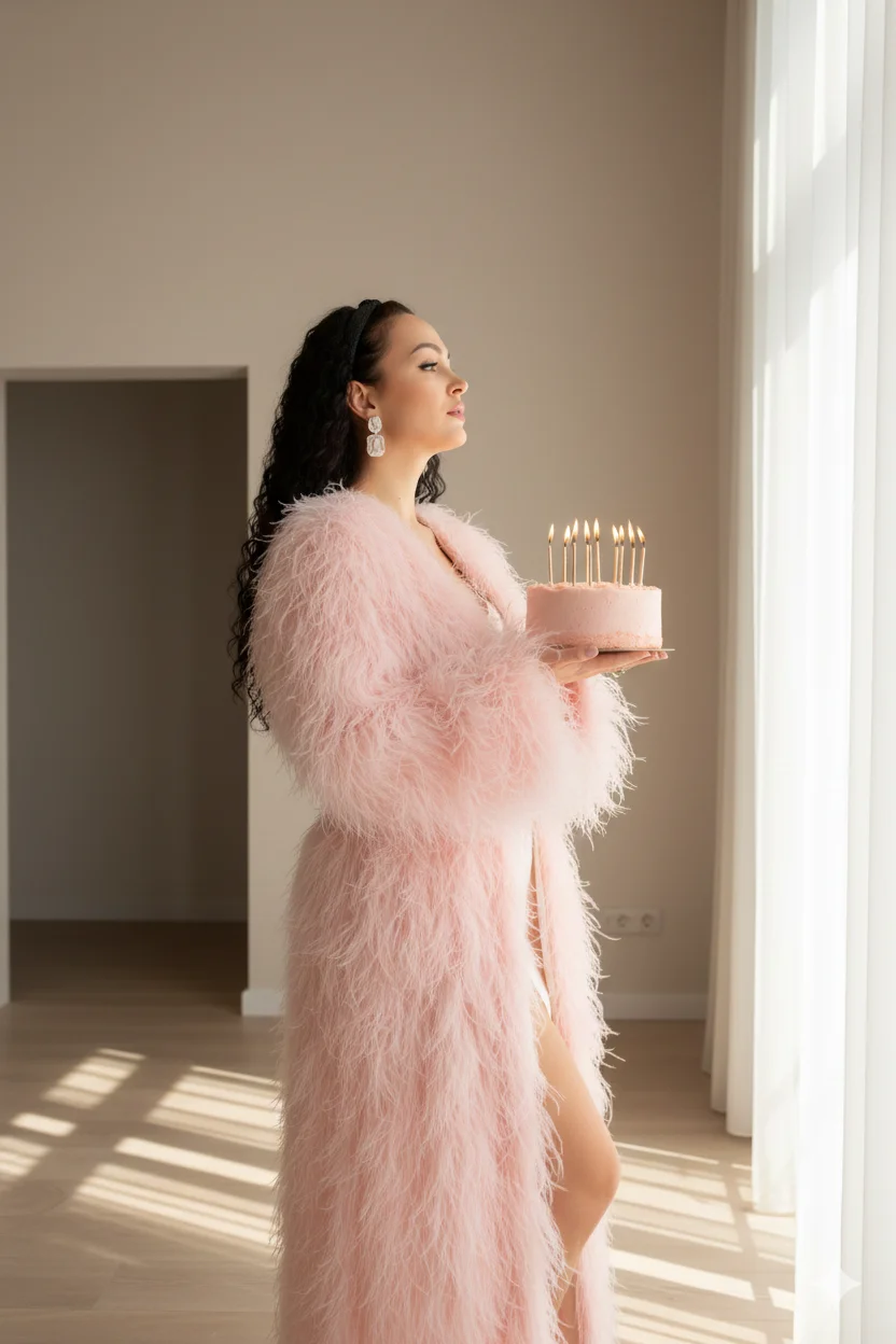 Женщина у окна в розовой шубе держит торт со свечами