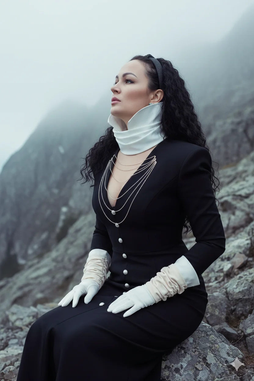Женщина в чёрном платье с белым воротником сидит в горах 