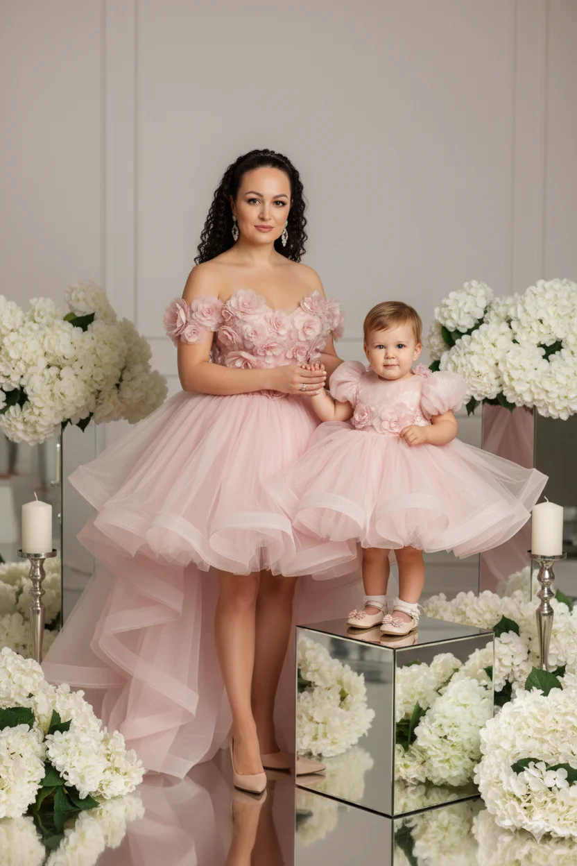  портрет матери и ребёнка в пышных розовых платья