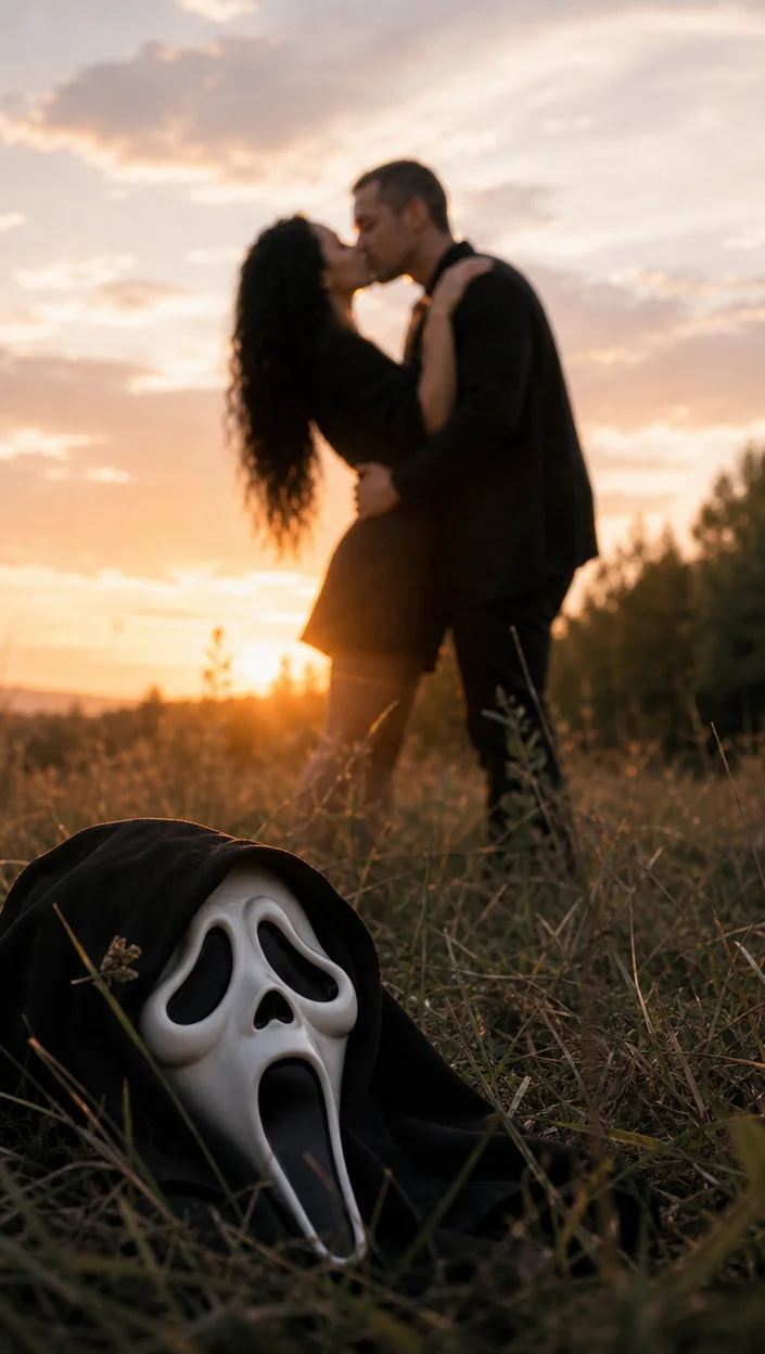 Фотосессия поцелуя пары с маской Ghostface на переднем плане в золотой час — романтическая опушка