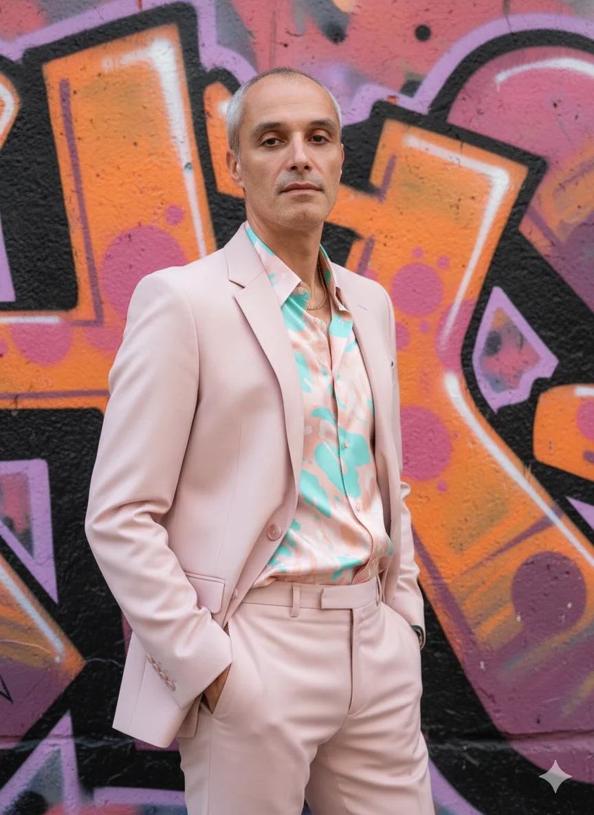 Мужчина у яркой граффити-стены в розовом костюме