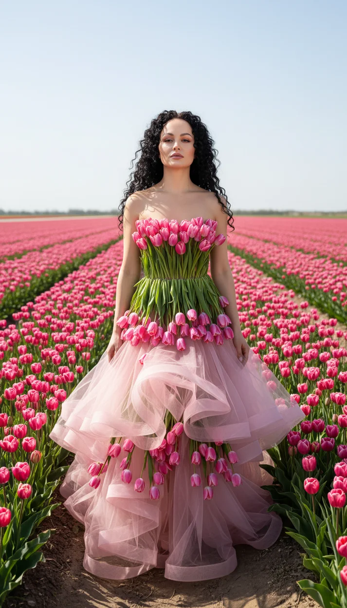  Женщина в платье из розовых тюльпанов стоит посреди бесконечного поля тюльпанов