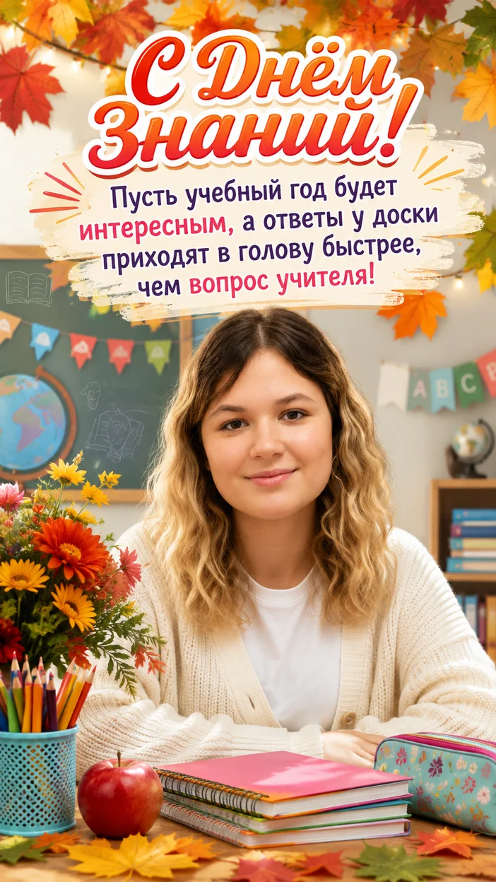 Фотооткрытка в светлом классе с верхним текстом «С Днём знаний! Пусть учебный год будет интересным, а ответы у доски приходят в голову быстрее, чем вопрос учителя!»