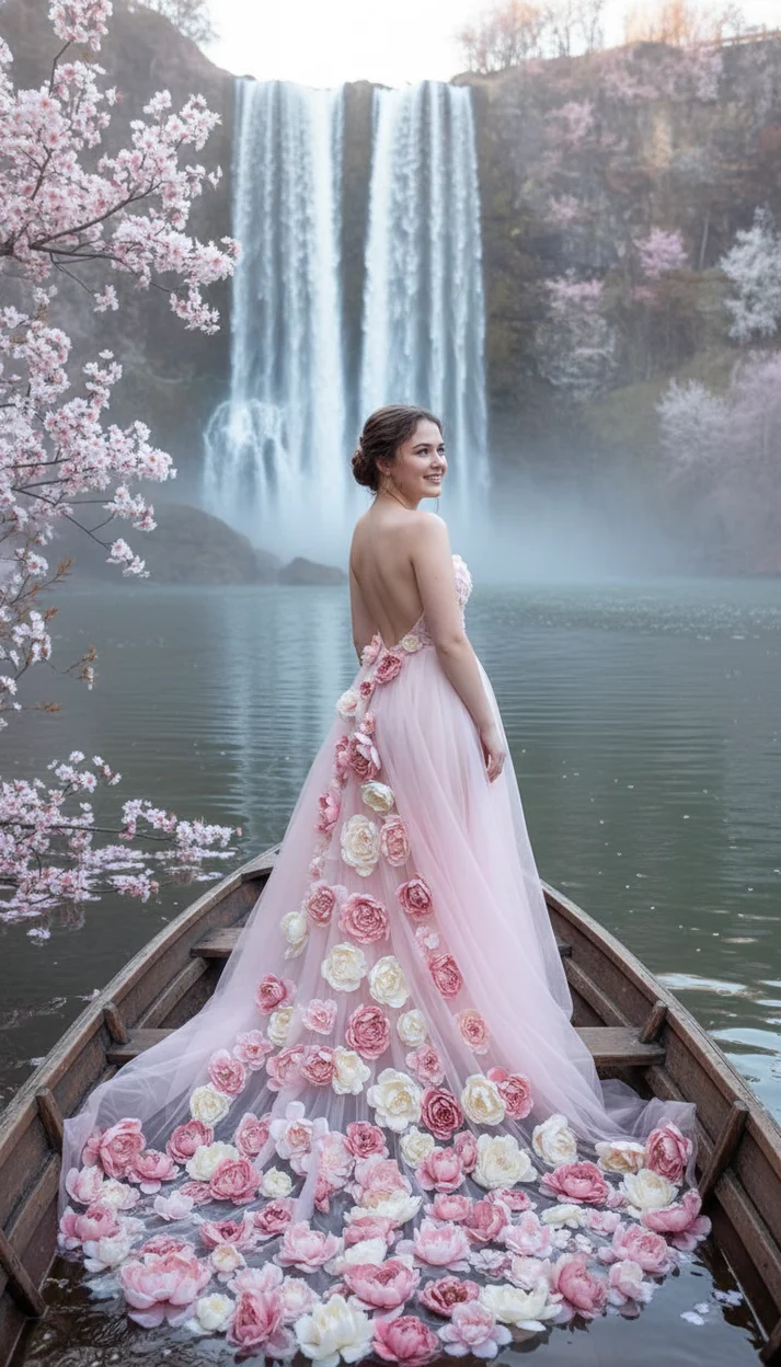 Девушка у водопада в лодке в платье со шлейфом из цветов спиной полуоборот мягкий свет