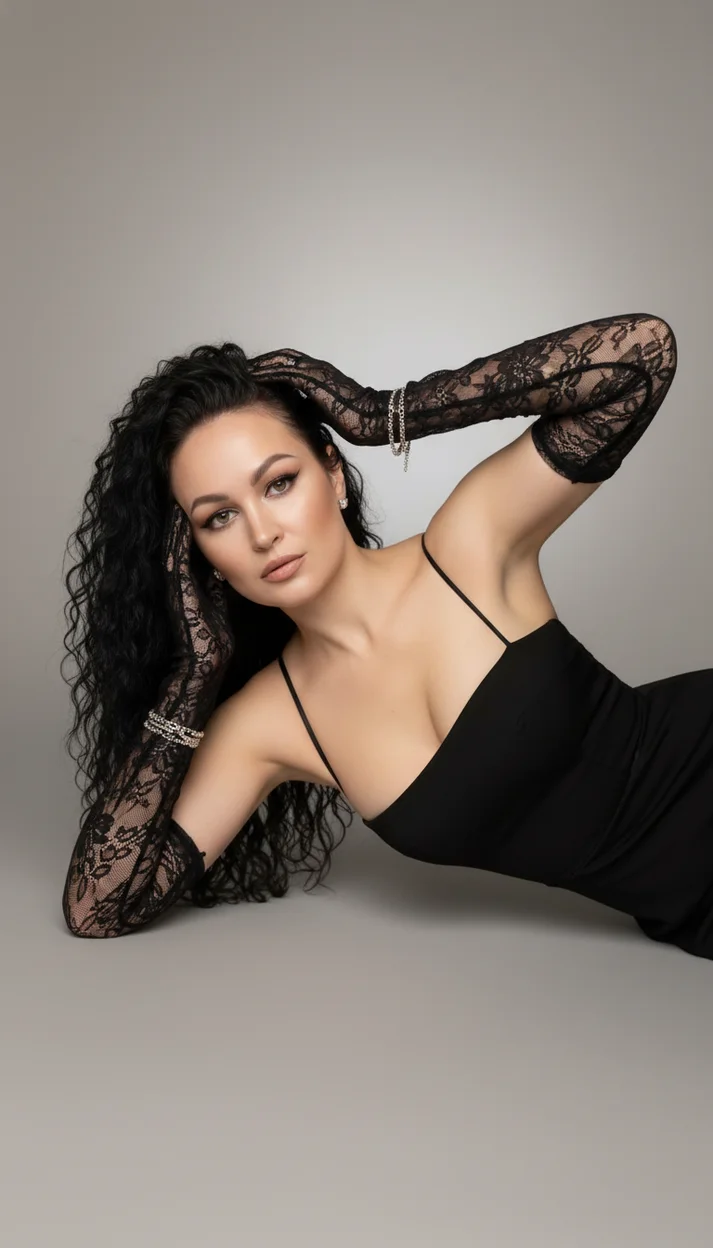 Девушка в студии на сером фоне в чёрном платье 