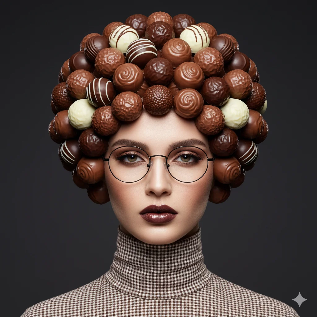 Девушка в очках с композицией из шоколадных конфет