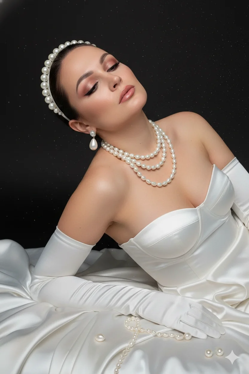 Женщина в студии в жемчужном образе полулежит на атласной ткани