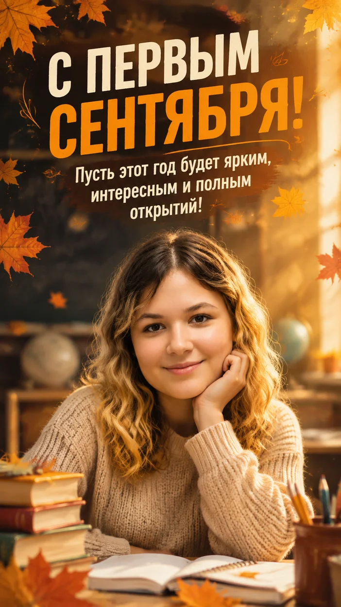 Фотооткрытка девочке с надписью «С ПЕРВЫМ СЕНТЯБРЯ!»