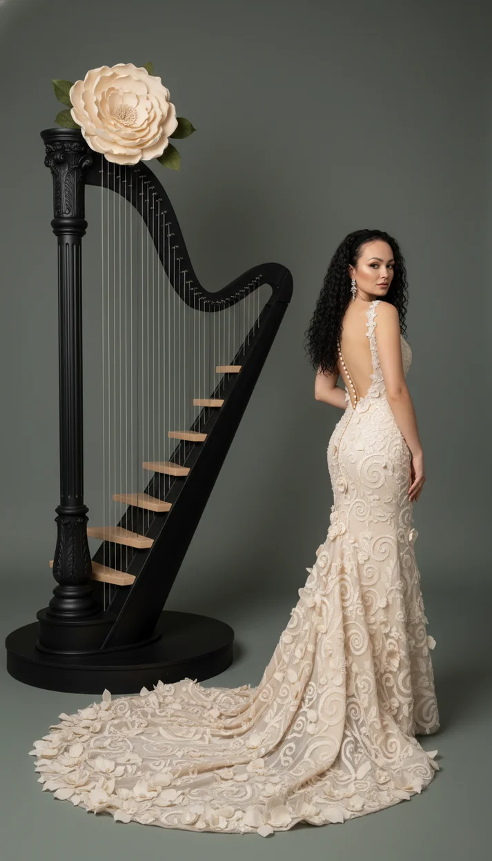  Женщина в кремовом скульптурном платье с длинным шлейфом стоит у чёрной арфообразной лестницы