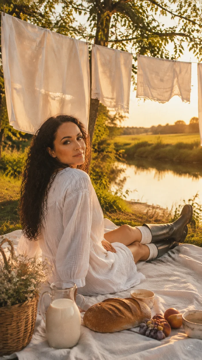 Фотосессия женщины у реки с бельём на верёвке