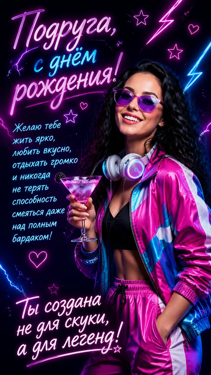 Фотосессия неоновой тусовщицы в костюме с надписью «Подруга, с днём рождения!»