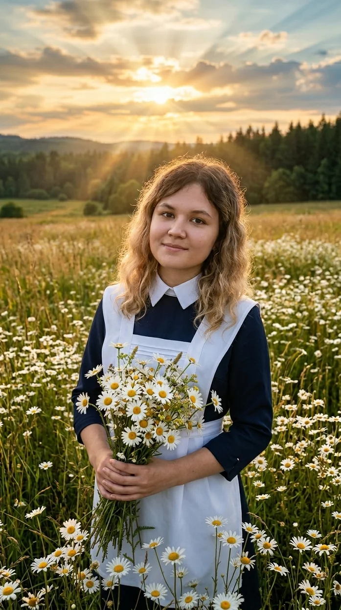  сцена в живописном цветущем поле  - девушка в школьной форме 