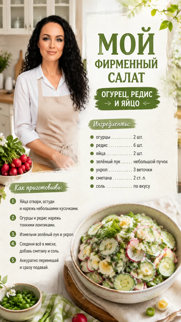 Фотосессия женского салатного рецепта с огурцом и редисом