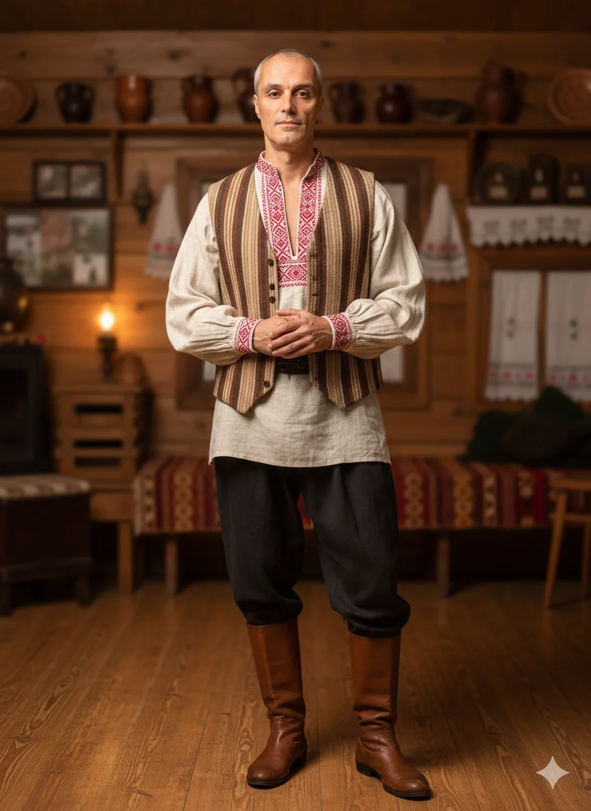 Мужчина в традиционном жилете и рубахе стоит в тёплом деревенском интерьере