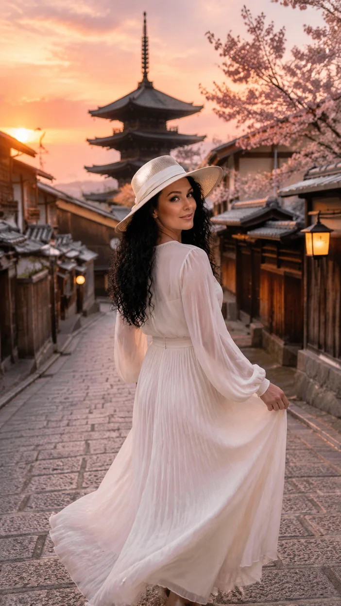 Фотосессия девушки в белом платье на улице Киото