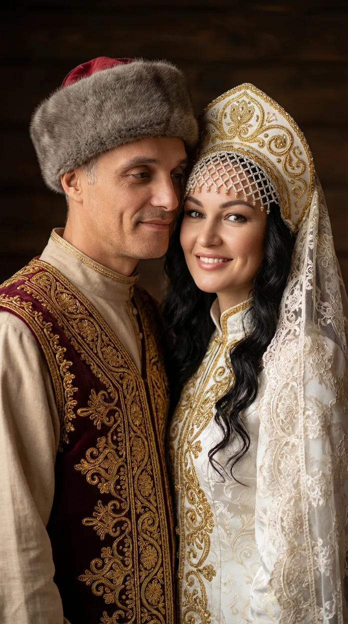 портрет пары в традиционных русских свадебных костюмах