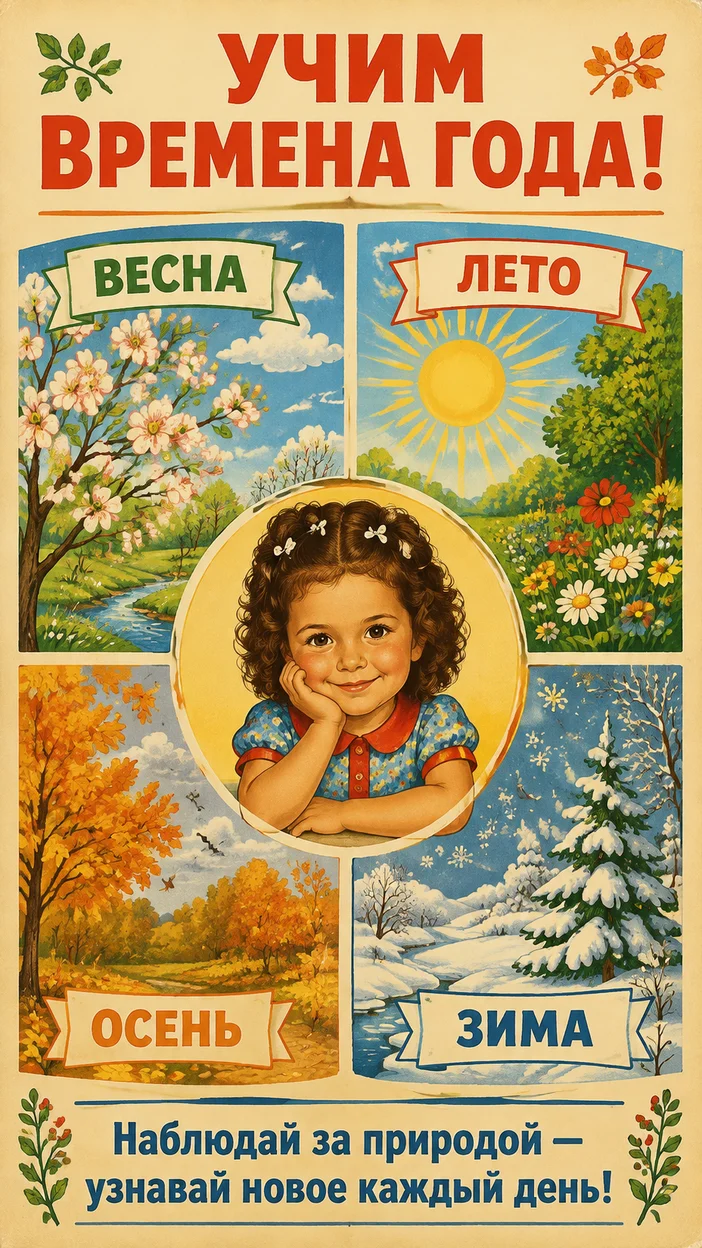 Фотосессия винтажного постера «УЧИМ ВРЕМЕНА ГОДА!»