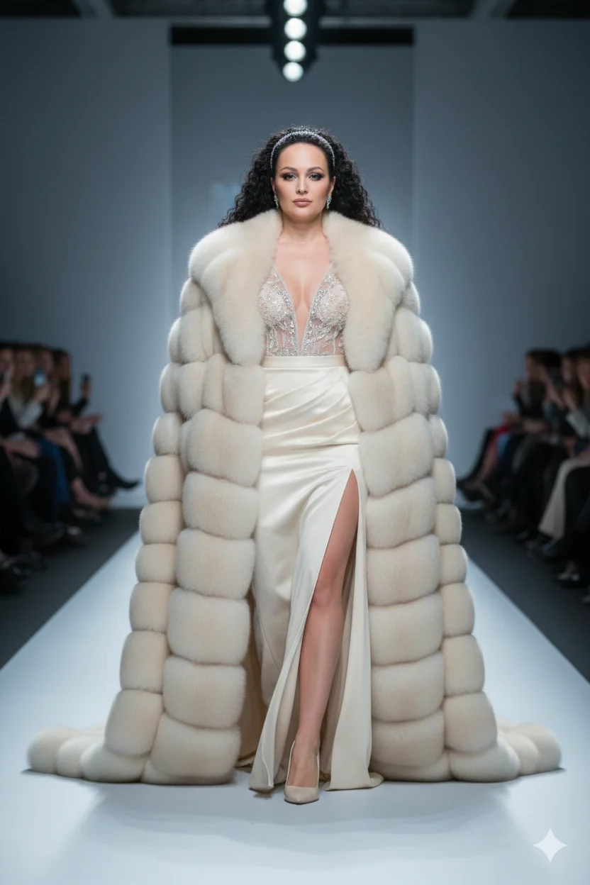 Женщина в кремовом атласном платье с объёмной меховой накидкой на подиуме