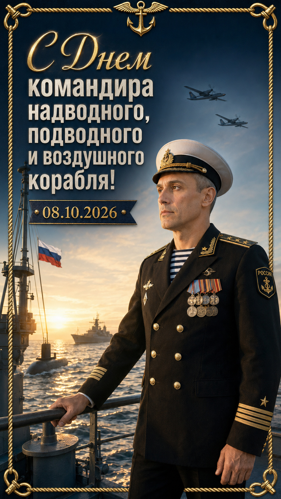 День командира надводного, подводного и воздушного корабля — 08.10.2026 — торжественная портретная открытка