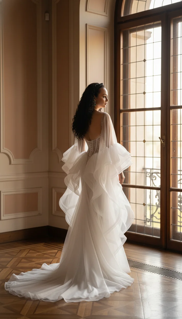 Воздушный bridal-образ у арочного окна