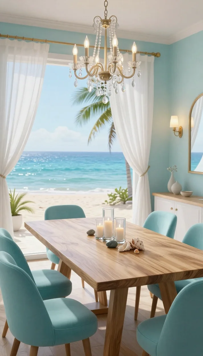 Светлая столовая у моря с кристальной люстрой и свечами