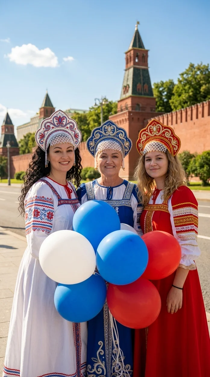  Яркая фотореалистичная сцена в стиле праздничной русской фотосессии (2,3  и более людей)