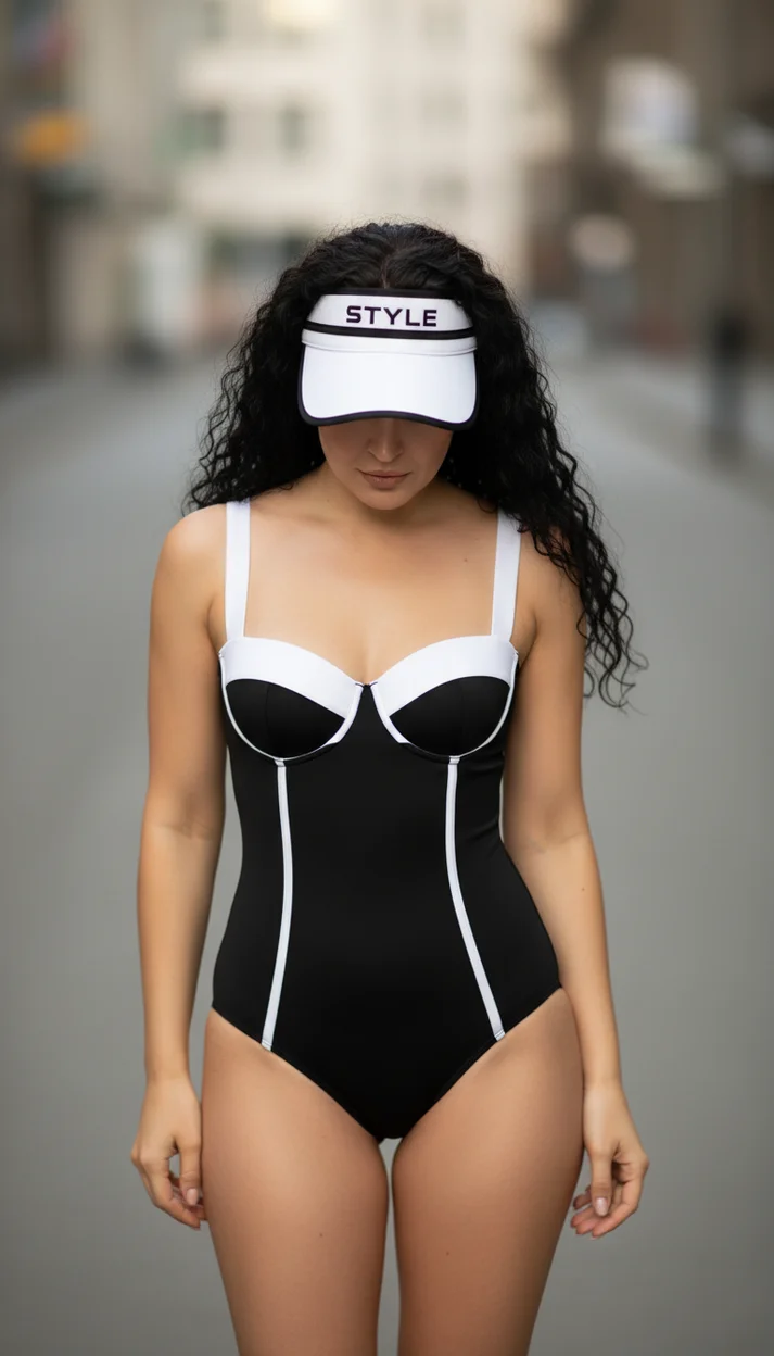 Девушка в чёрно-белом купальнике с козырьком на улице