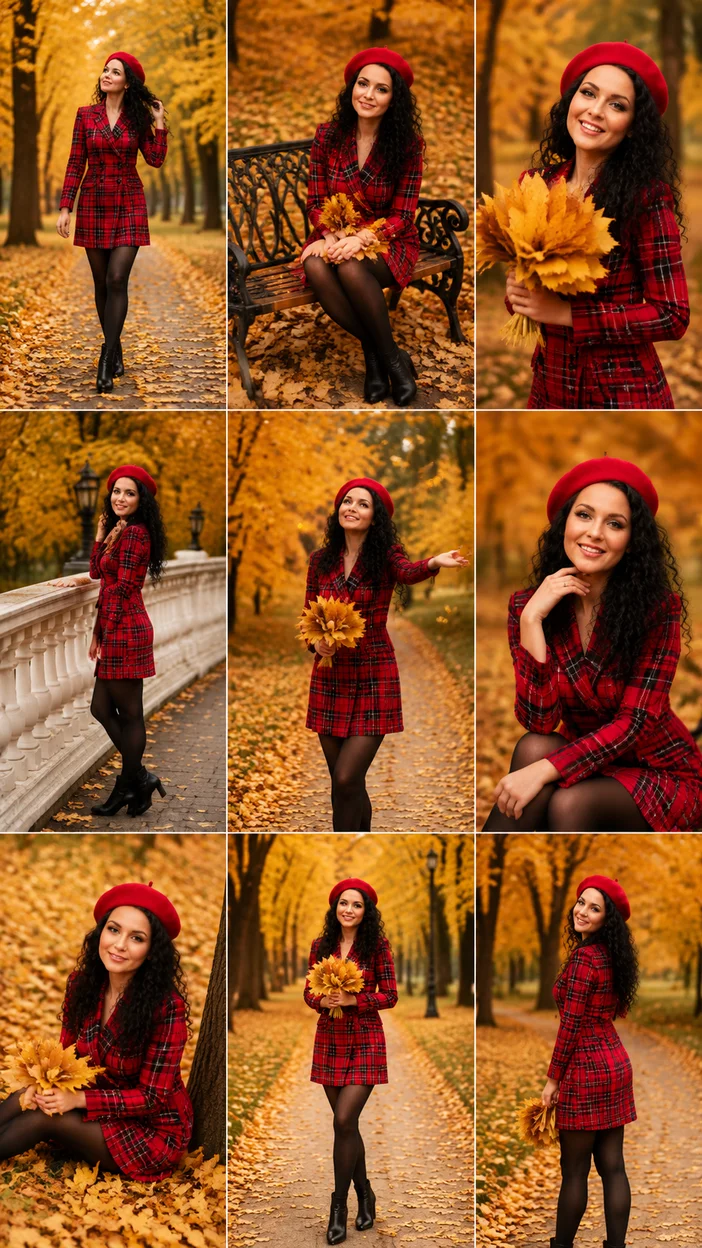 Фотосессия в красном образе в осеннем парке