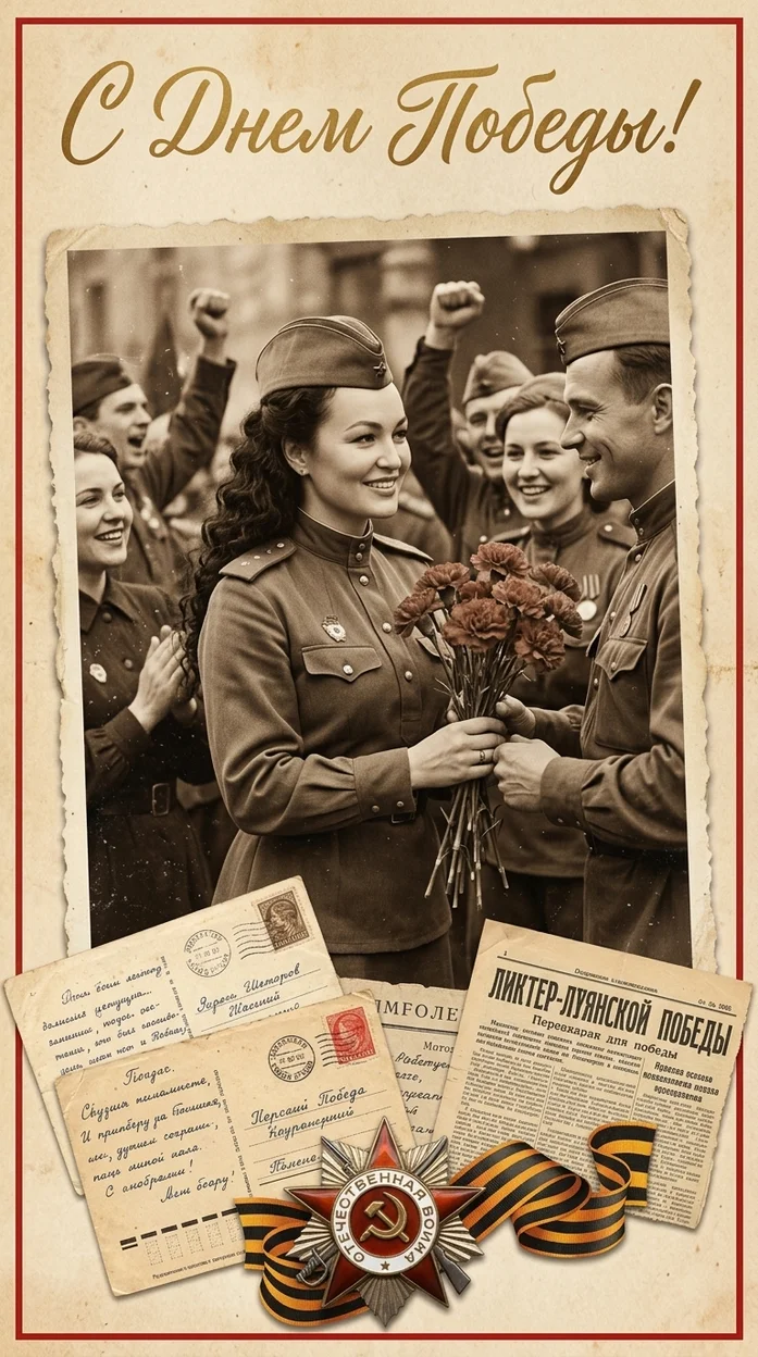 Открытка  ко Дню Победы в ретро-винтажном стиле старого фотоальбома. 