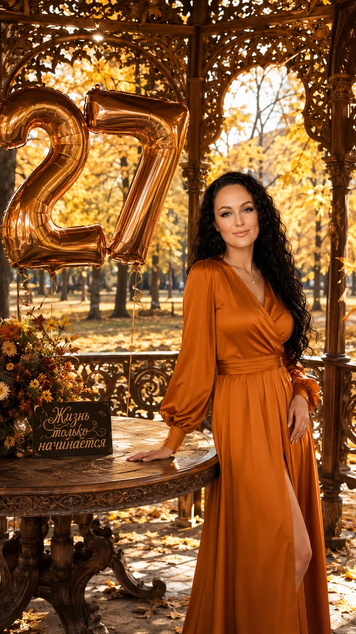 Фотосессия в резной беседке осеннего парка с шарами 27