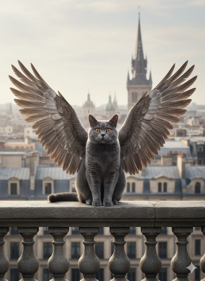 Животное в мистическом образе с расправленными крыльями сидит на каменном парапете на фоне города