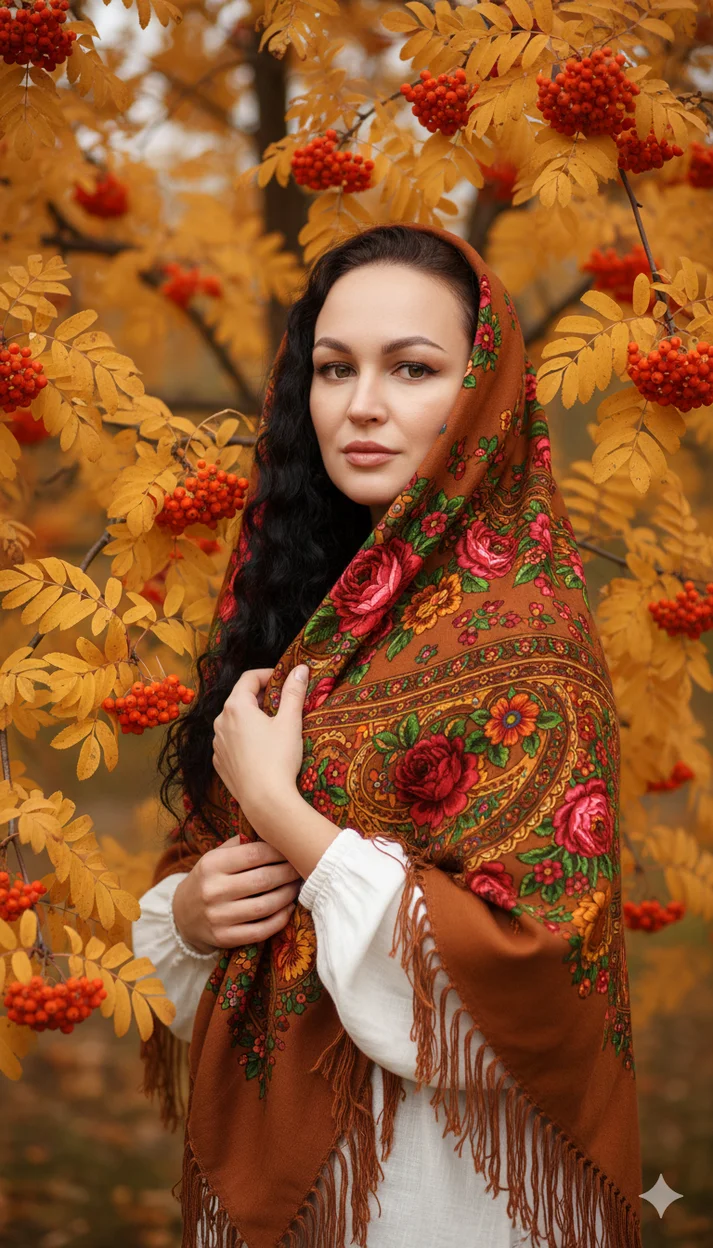Женщина в цветочном платке стоит среди ветвей рябины осенью