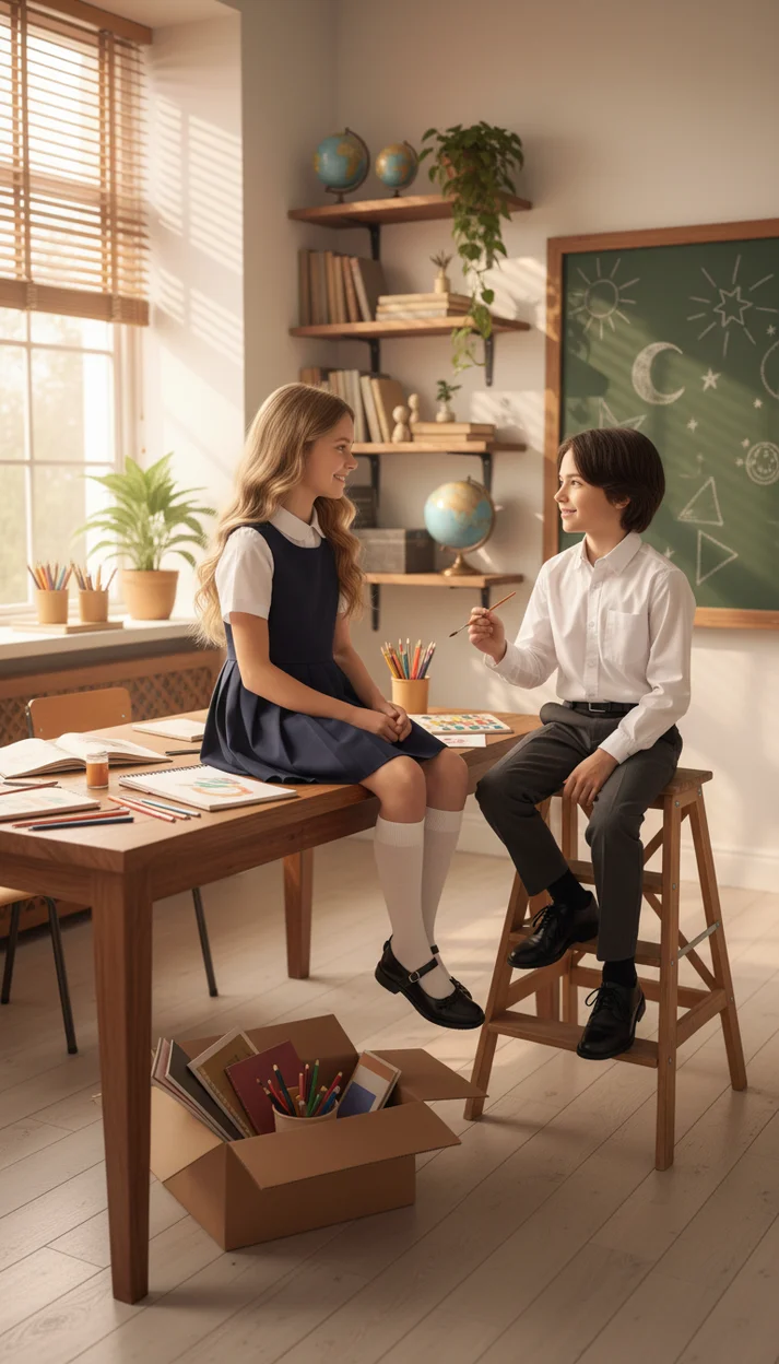  Школьная сцена с детьми, тёплый интерьер, обучение