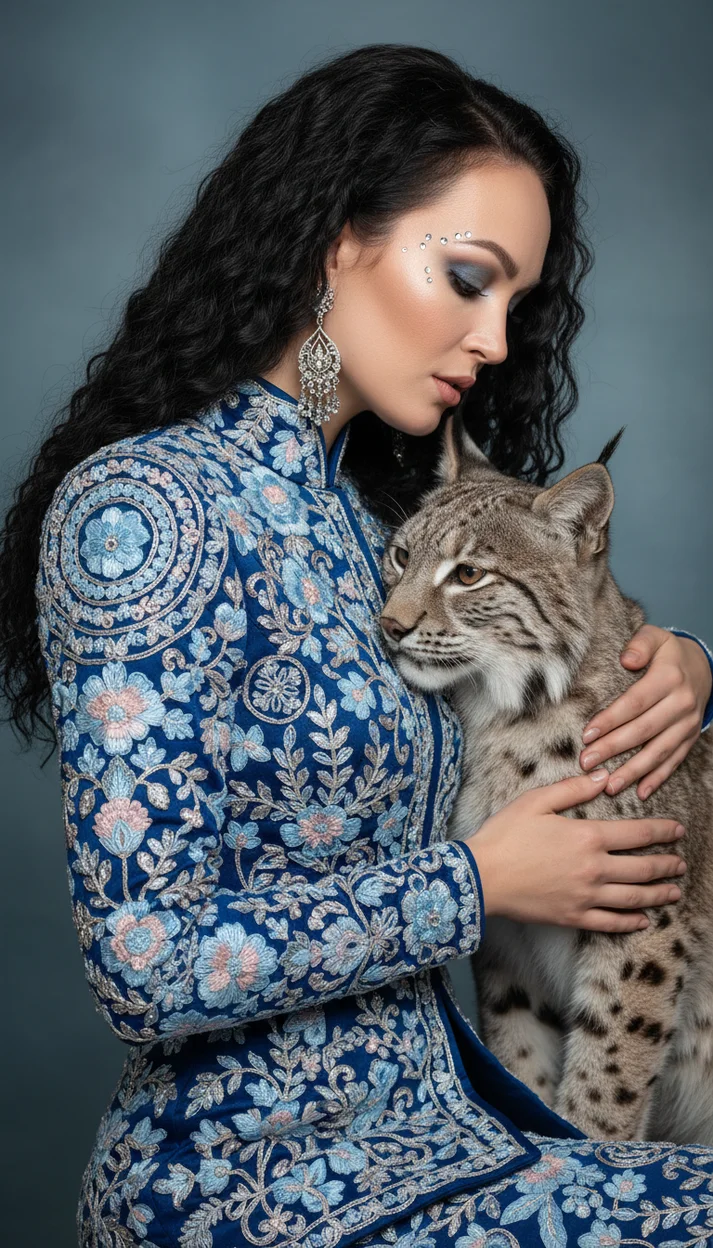  Девушка в синем вышитом костюме с рысью 