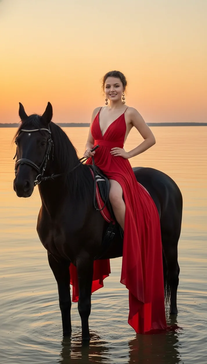 Девушка на чёрной лошади в красном платье